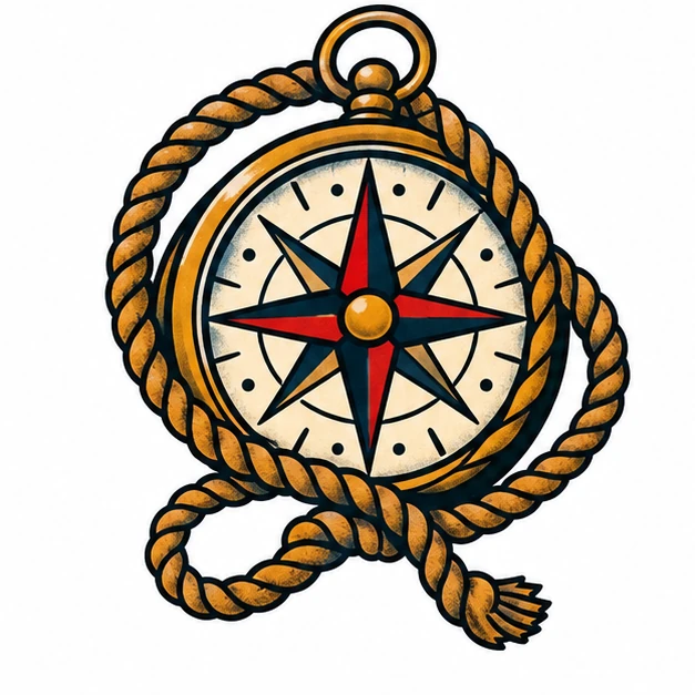 Compass and rope in Old School / Sailor tattoo style