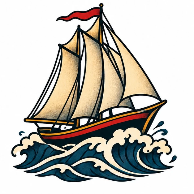 Sailboat and wave in Old School / Sailor tattoo style