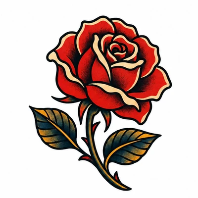 A single rose rendered in Old School / Sailor tattoo style