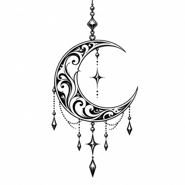 Crescent pendant in Ornamental tattoo style