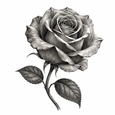A single rose rendered in Realism Black & Grey tattoo style