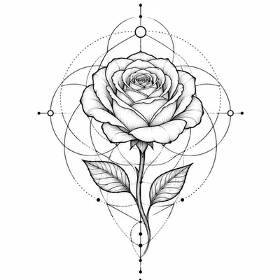 A single rose rendered in Sacred Geometry tattoo style