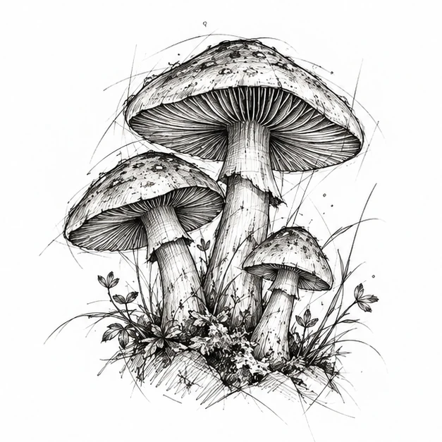 Mushroom cluster in Sketch tattoo style