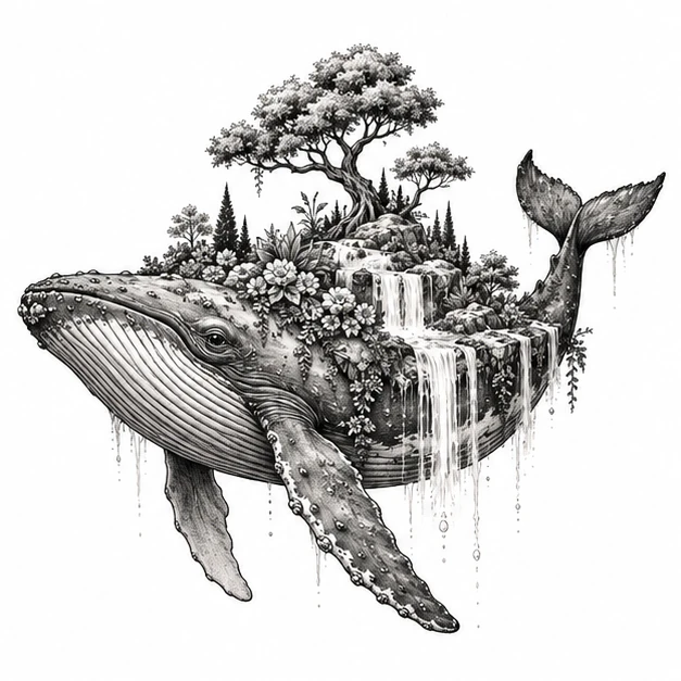 Whale carrying a garden in Surrealism tattoo style