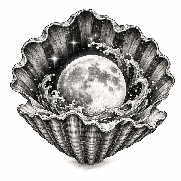 Moon inside a seashell in Surrealism tattoo style