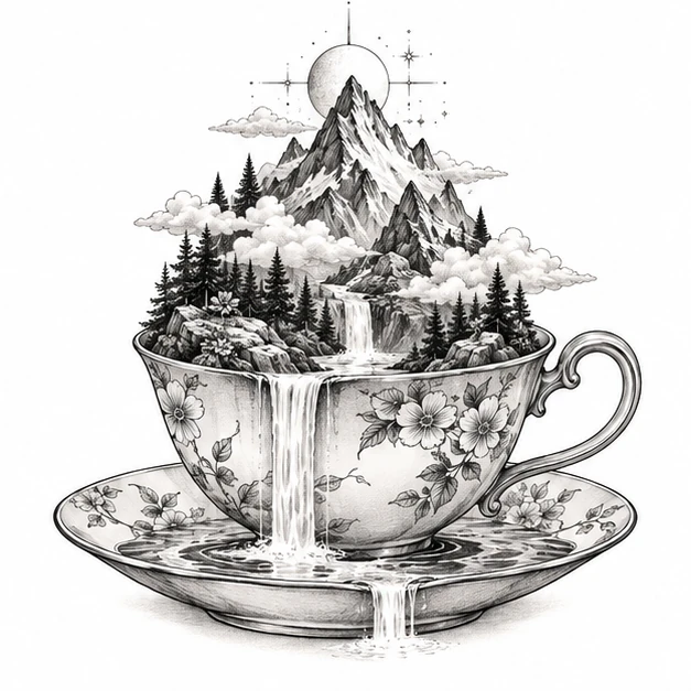 Mountain growing from a teacup in Surrealism tattoo style