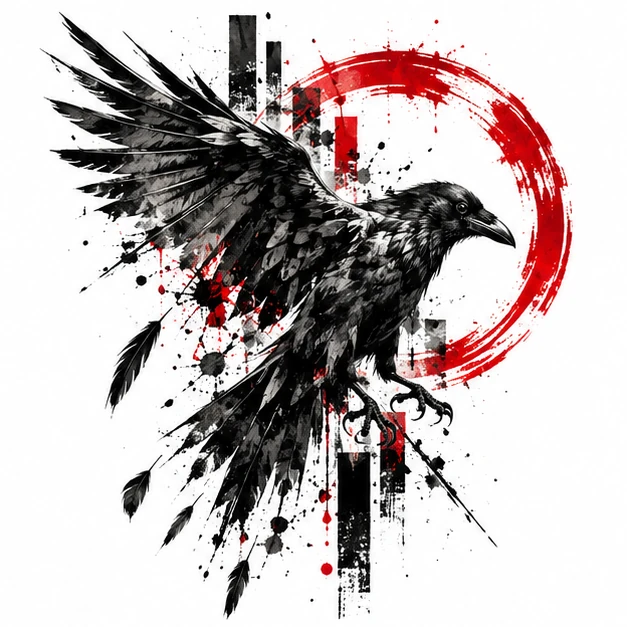 Raven and red arc in Trash Polka tattoo style