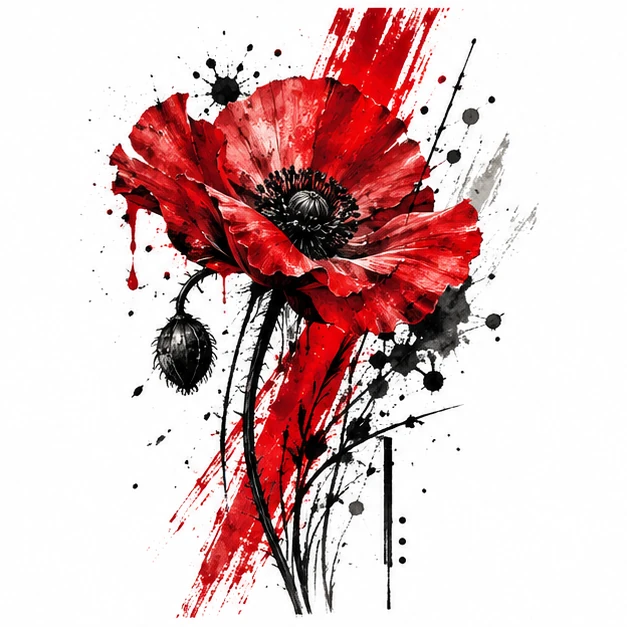 Poppy and ink slash in Trash Polka tattoo style