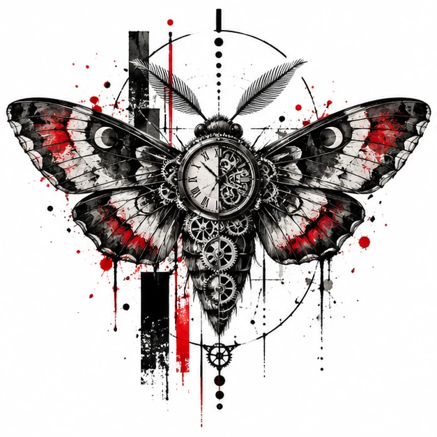 Clockwork moth in Trash Polka tattoo style