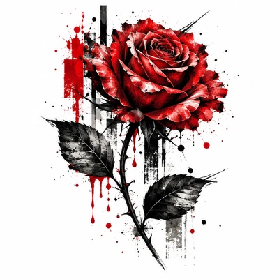 A single rose rendered in Trash Polka tattoo style