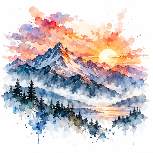 Mountain sunrise in Watercolor tattoo style