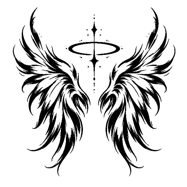 Original symbolic wings and a halo without a face, blackwork black line stencil on white