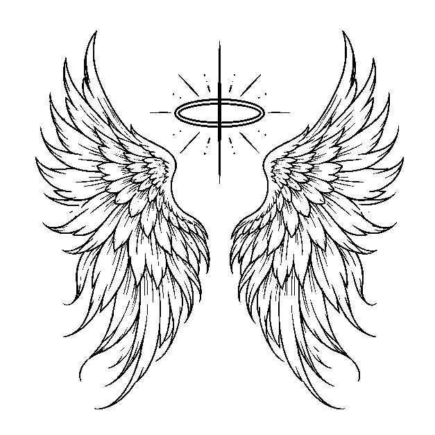 Original symbolic wings and a halo without a face, fine line black line stencil on white