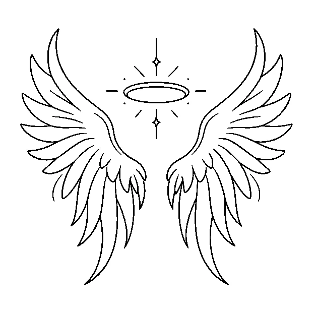 Original symbolic wings and a halo without a face, minimal black line stencil on white