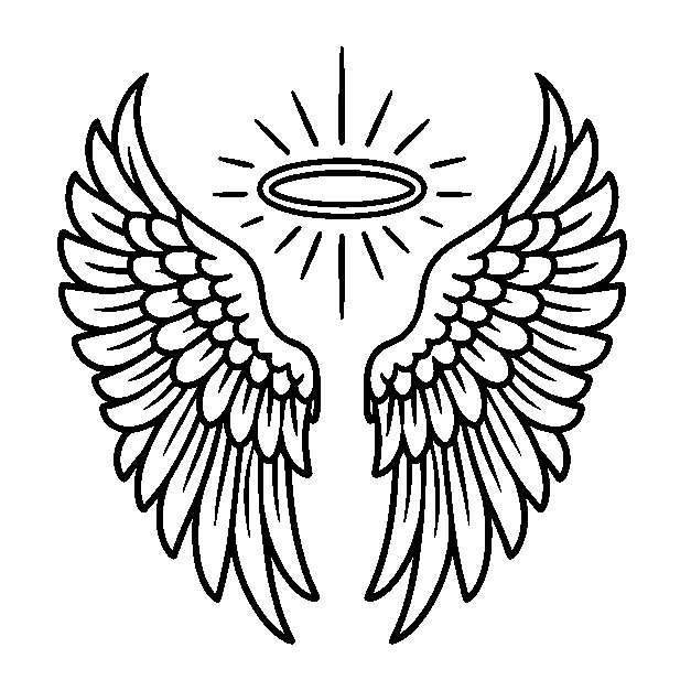 Original symbolic wings and a halo without a face, traditional black line stencil on white