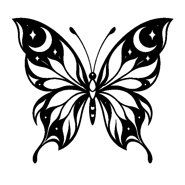 Original a butterfly with balanced open wings, blackwork black line stencil on white