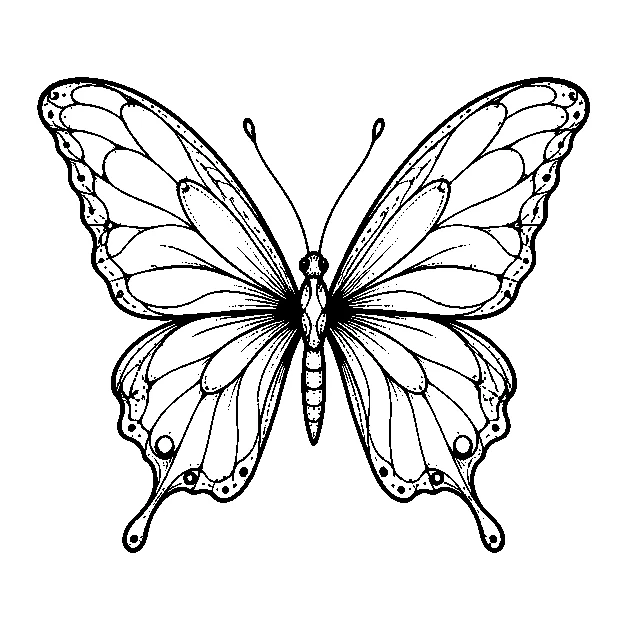 Original a butterfly with balanced open wings, fine line black line stencil on white