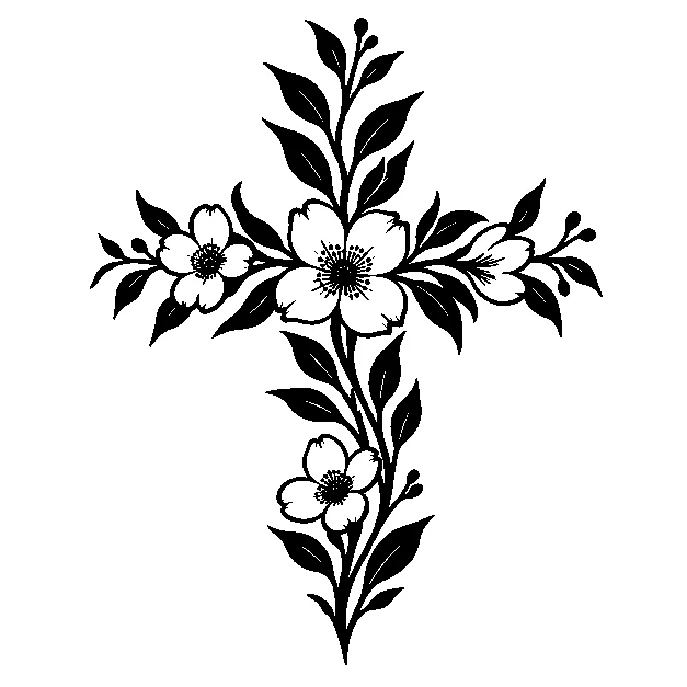 Original a simple cross with a botanical accent, blackwork black line stencil on white