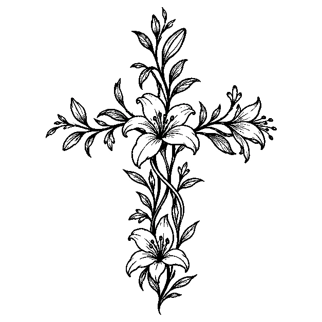 Original a simple cross with a botanical accent, fine line black line stencil on white