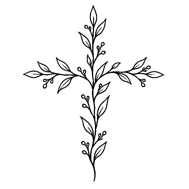 Original a simple cross with a botanical accent, minimal black line stencil on white