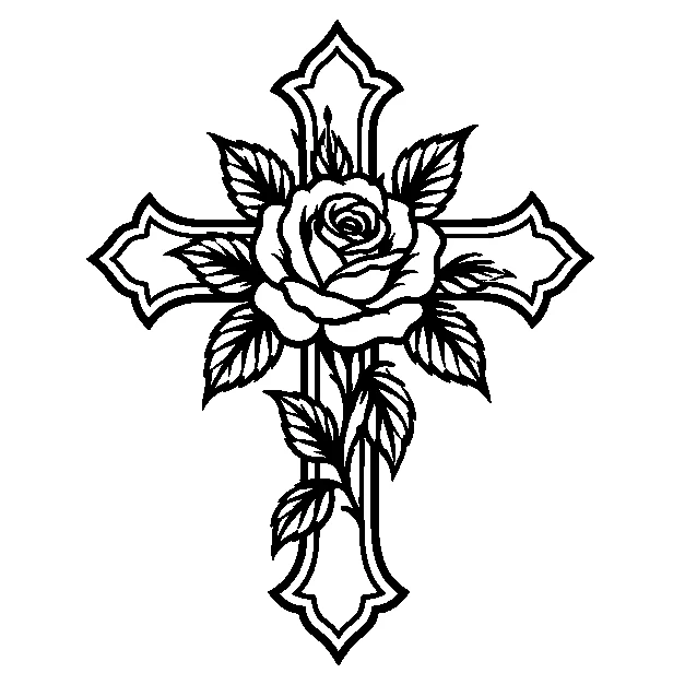 Original a simple cross with a botanical accent, traditional black line stencil on white
