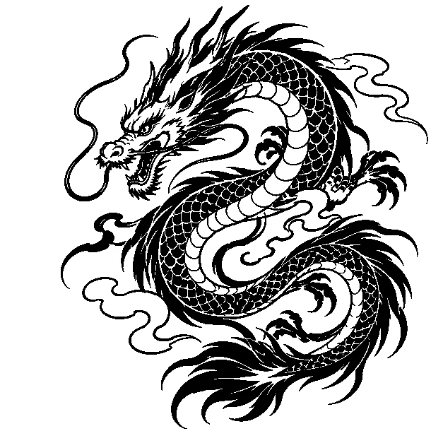 Original an original serpentine dragon, blackwork black line stencil on white