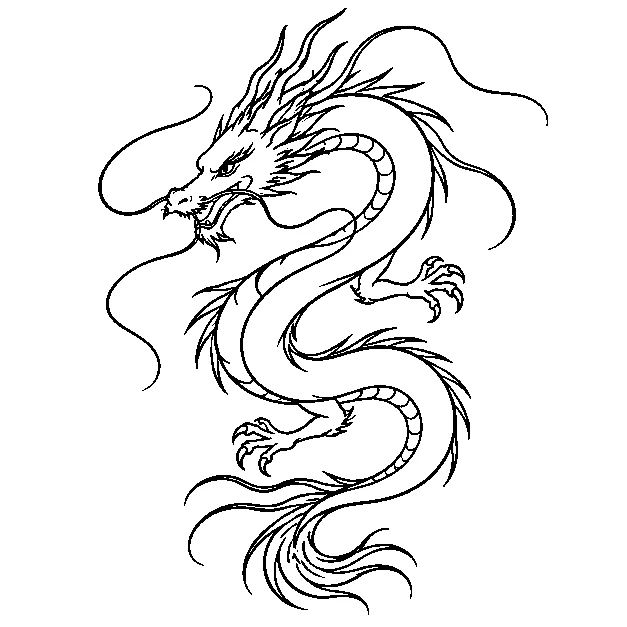 Original an original serpentine dragon, minimal black line stencil on white