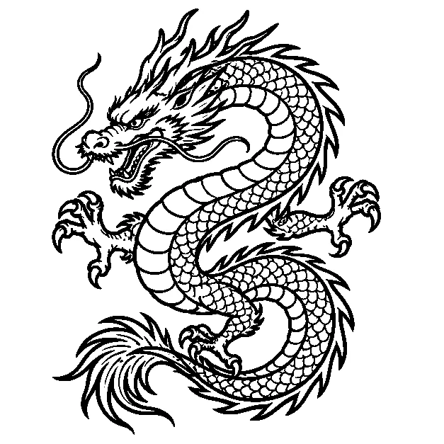 Original an original serpentine dragon, traditional black line stencil on white