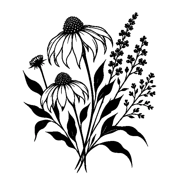 Original a loose wildflower arrangement, blackwork black line stencil on white