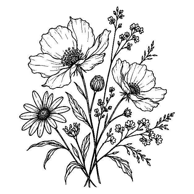 Original a loose wildflower arrangement, fine line black line stencil on white