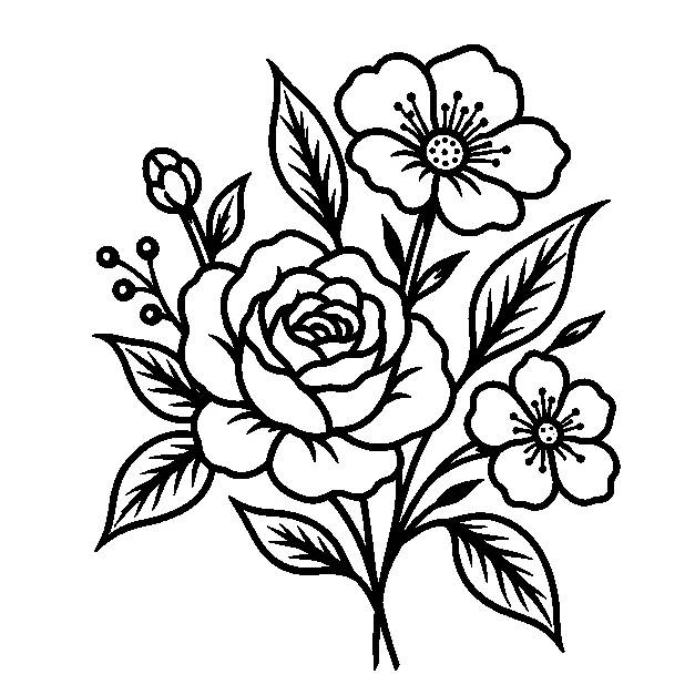 Original a loose wildflower arrangement, traditional black line stencil on white