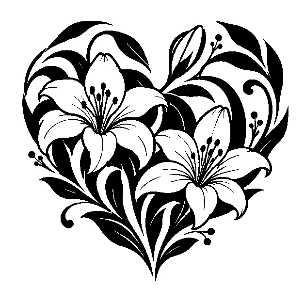 Original a botanical heart shape, blackwork black line stencil on white