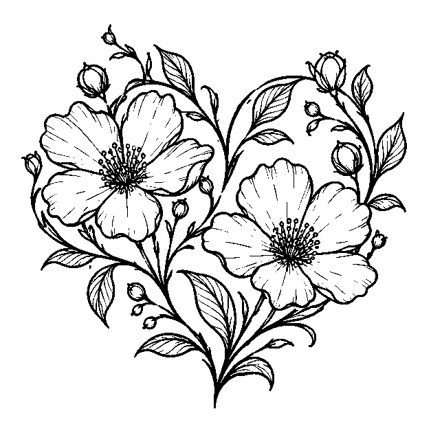 Original a botanical heart shape, fine line black line stencil on white