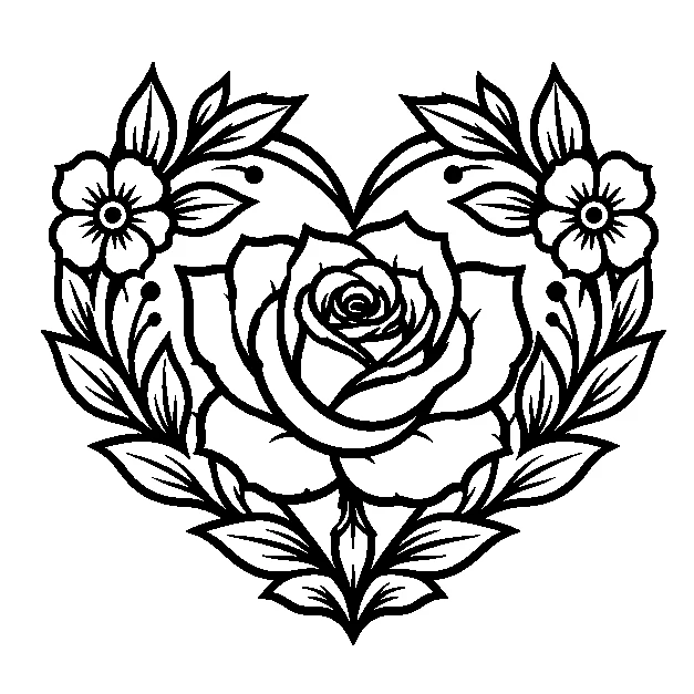 Original a botanical heart shape, traditional black line stencil on white