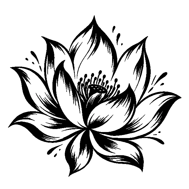 Original an open lotus blossom, blackwork black line stencil on white