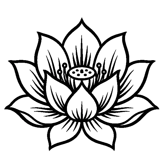 Original an open lotus blossom, traditional black line stencil on white