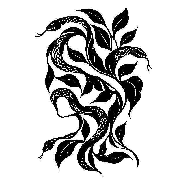 Original an abstract snake and leaf silhouette without facial features, blackwork black line stencil on white