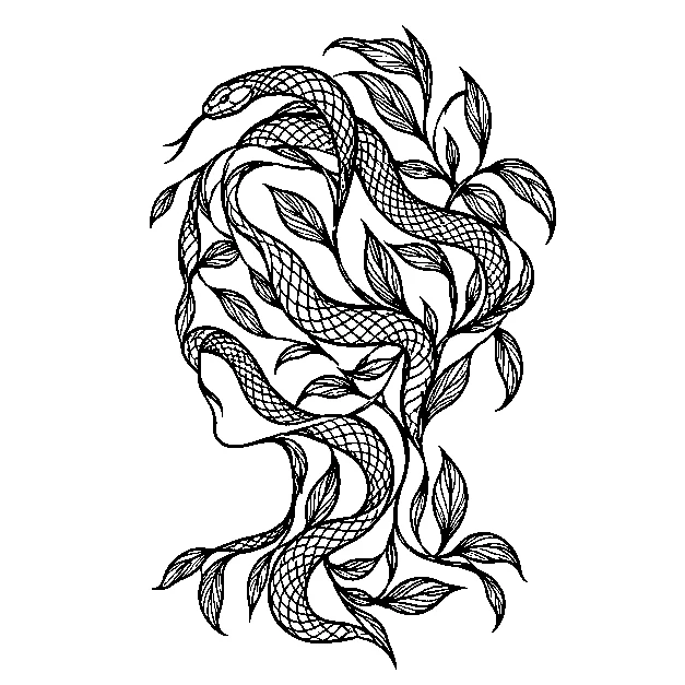 Original an abstract snake and leaf silhouette without facial features, fine line black line stencil on white