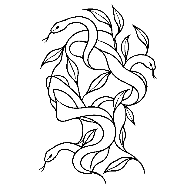 Original an abstract snake and leaf silhouette without facial features, minimal black line stencil on white