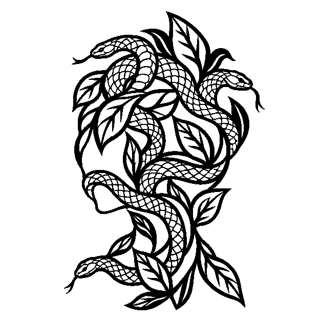 Original an abstract snake and leaf silhouette without facial features, traditional black line stencil on white