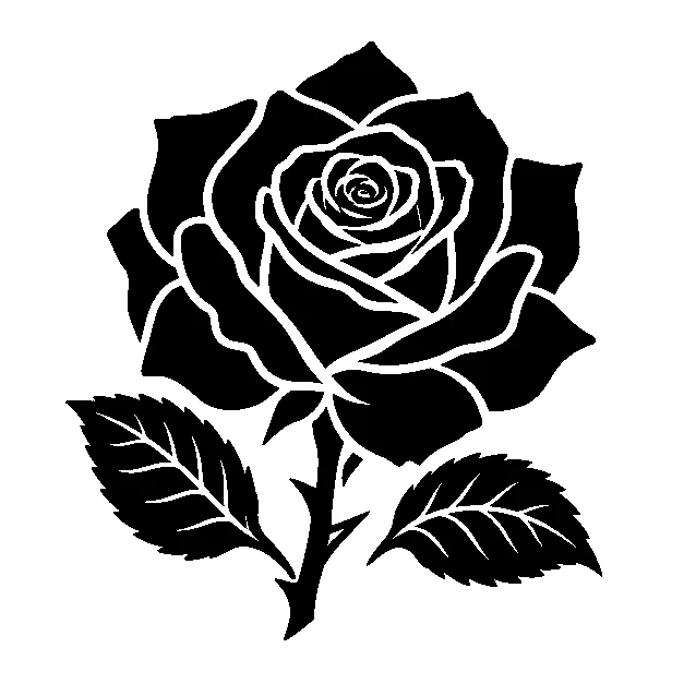 Original a garden rose with two leaves, blackwork black line stencil on white