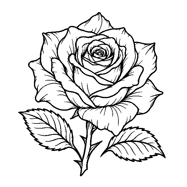 Original a garden rose with two leaves, fine line black line stencil on white