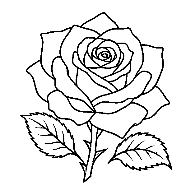 Original a garden rose with two leaves, minimal black line stencil on white