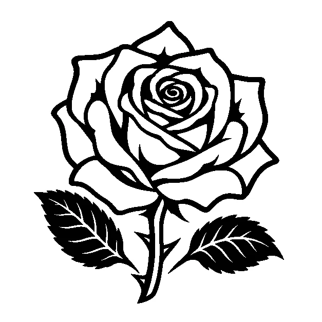 Original a garden rose with two leaves, traditional black line stencil on white