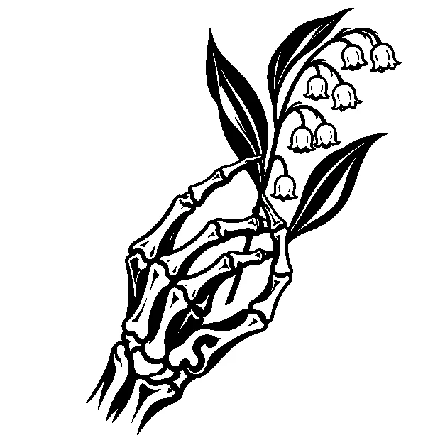 Original a skeletal hand holding a sprig, blackwork black line stencil on white