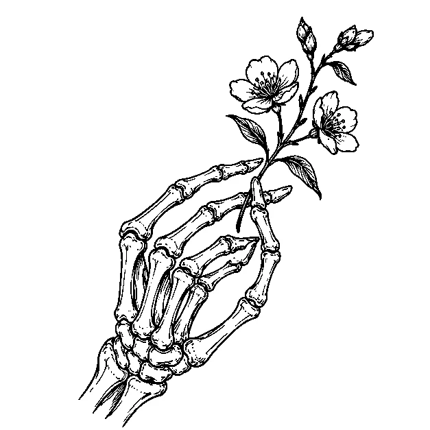 Original a skeletal hand holding a sprig, fine line black line stencil on white