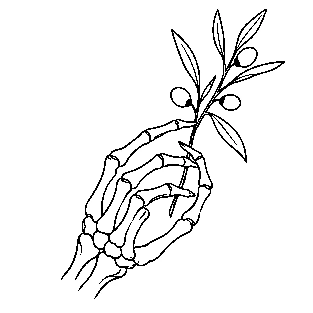 Original a skeletal hand holding a sprig, minimal black line stencil on white