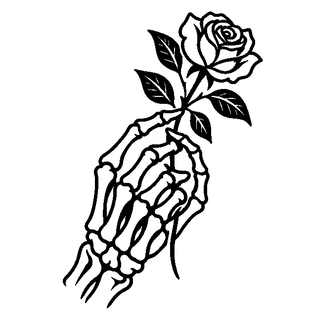 Original a skeletal hand holding a sprig, traditional black line stencil on white