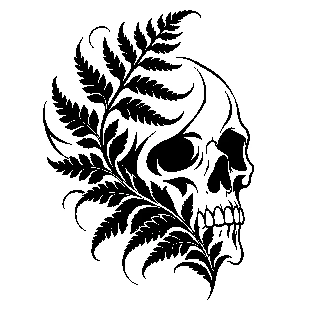 Original a stylized skull with a fern sprig, blackwork black line stencil on white