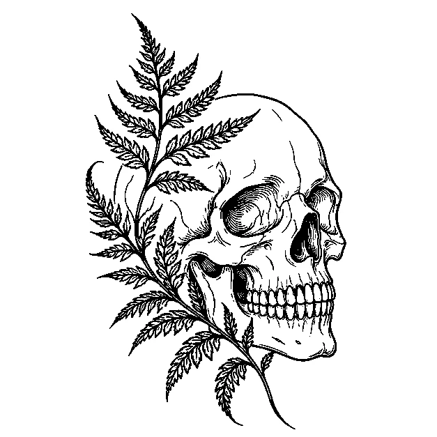 Original a stylized skull with a fern sprig, fine line black line stencil on white